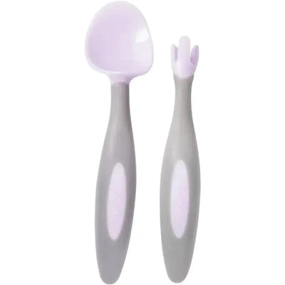 Toddler cutlery set including a scoop and fork, featuring boysenberry purple accents and ergonomic gray handles.