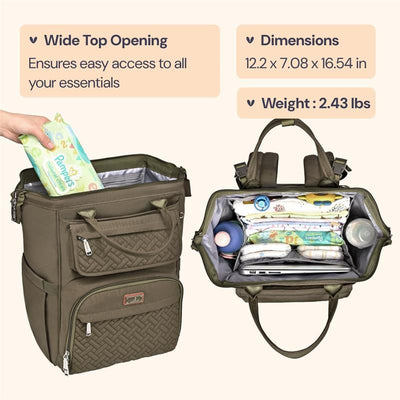 Diaper bag backpack in army green with a wide top opening, showcasing essentials like diapers and a water bottle.