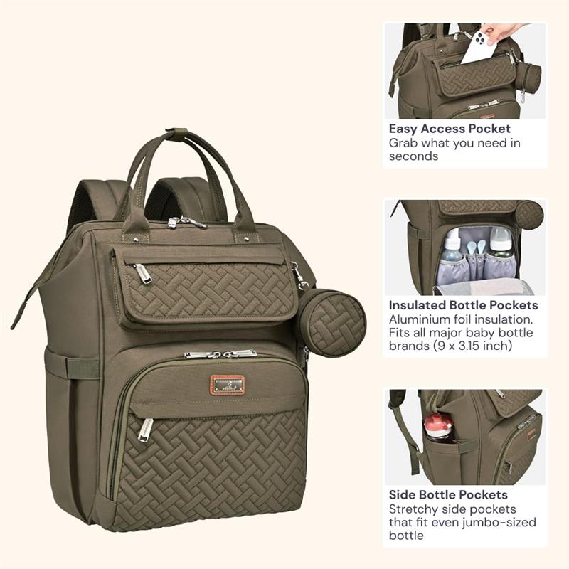BabbleRoo - Diaper Bag, Army Green, Laptop Backpack Image 3