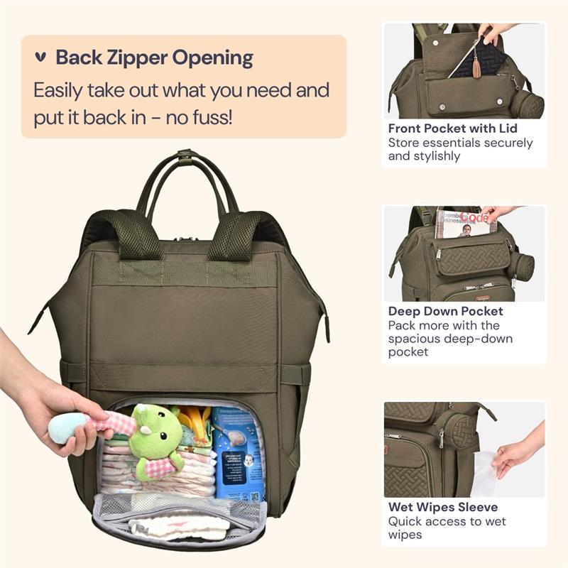 BabbleRoo - Diaper Bag, Army Green, Laptop Backpack Image 4