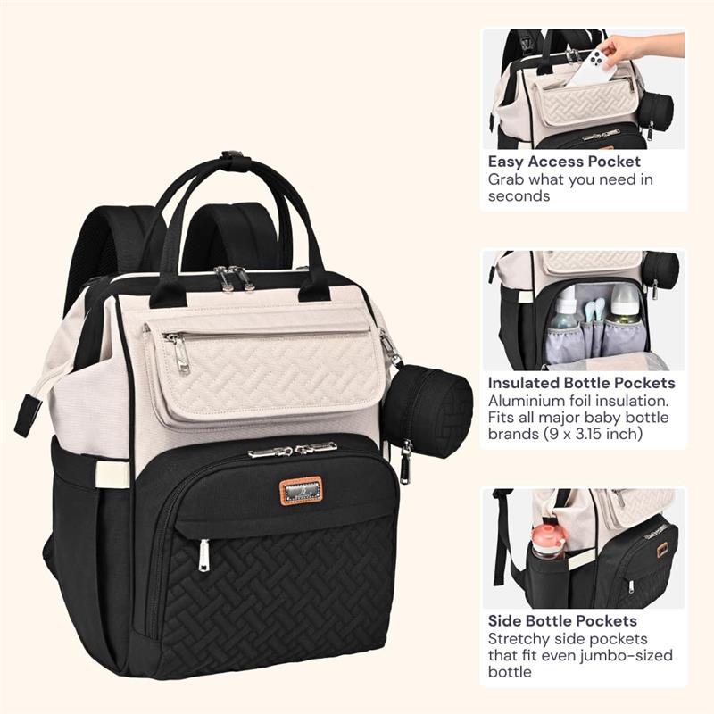 BabbleRoo - Diaper Bag Backpack, Apricot & Black Image 3