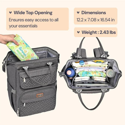 Diaper bag backpack in dark gray with a wide top opening, showcasing a packed interior including diapers, bottles, and baby essentials.