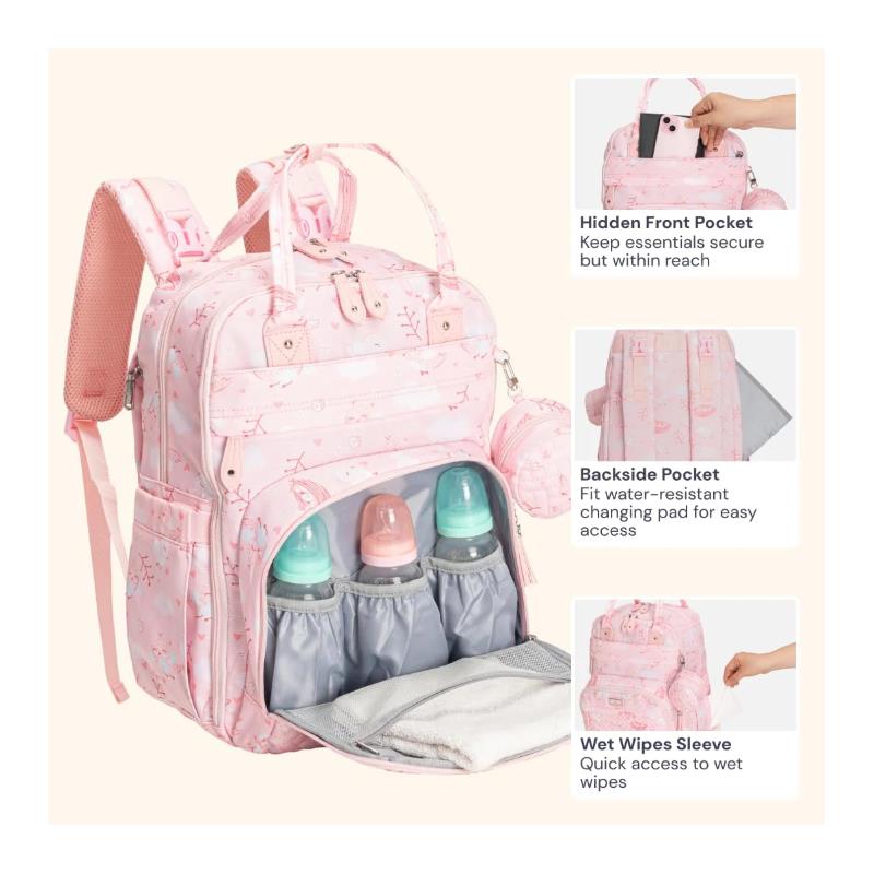 BabbleRoo - Diaper Bag Backpack, Pink Birdy Image 5