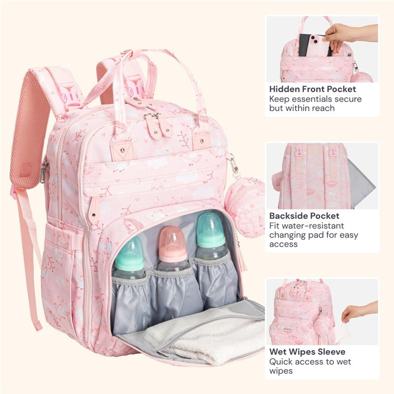 BabbleRoo - Diaper Bag Backpack, Pink Birdy Image 5
