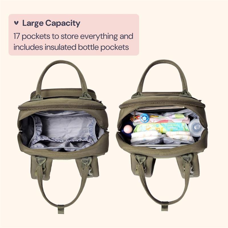 BabbleRoo - Diaper Bag Backpack Travel Essentials Baby Bag with Changing Pad, Army Green Image 2