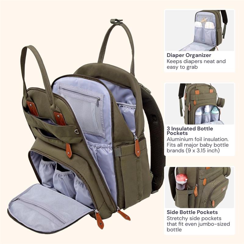 BabbleRoo - Diaper Bag Backpack Travel Essentials Baby Bag with Changing Pad, Army Green Image 3