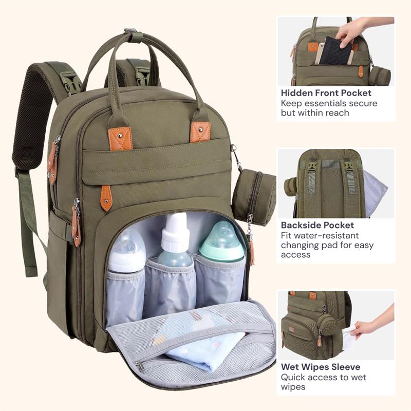 BabbleRoo - Diaper Bag Backpack Travel Essentials Baby Bag with Changing Pad, Army Green Image 4