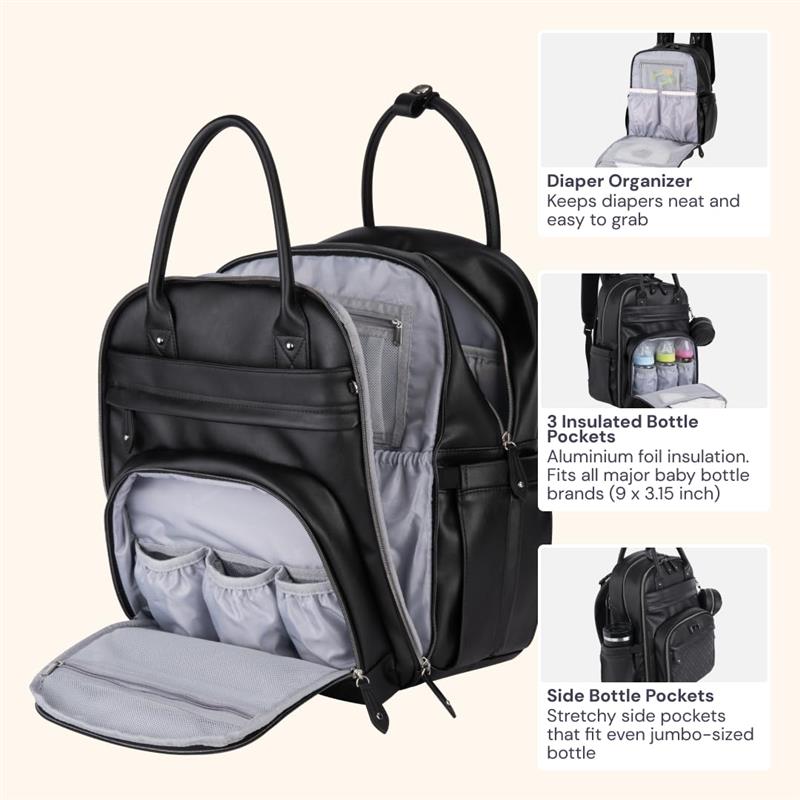 BabbleRoo - Leather Diaper Bag Backpack, Black Image 4