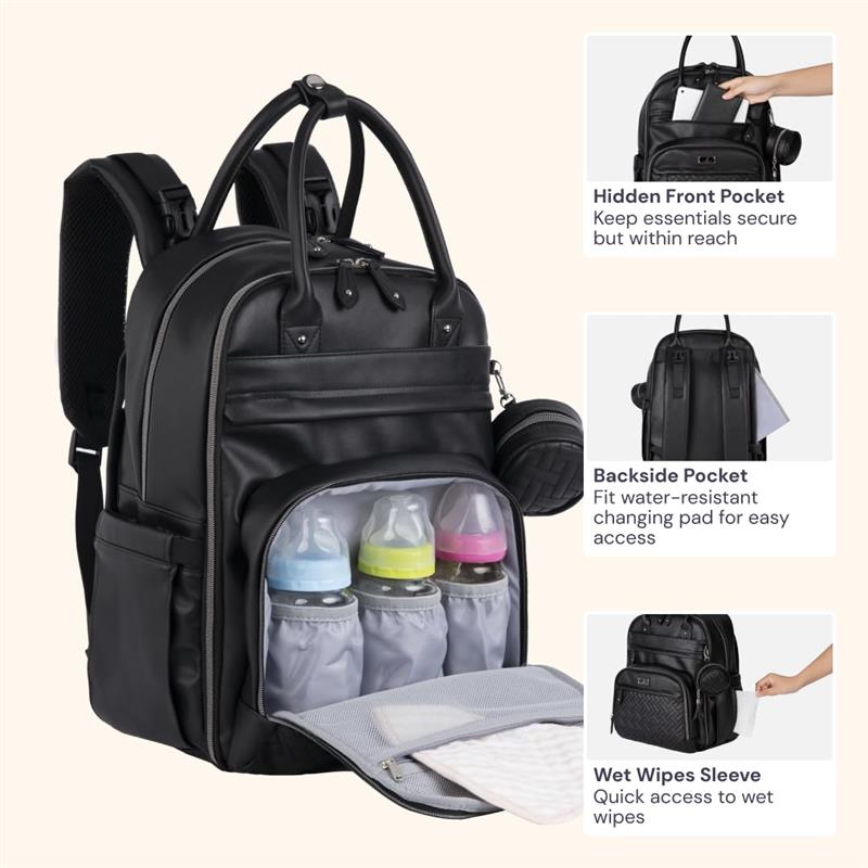 BabbleRoo - Leather Diaper Bag Backpack, Black Image 6
