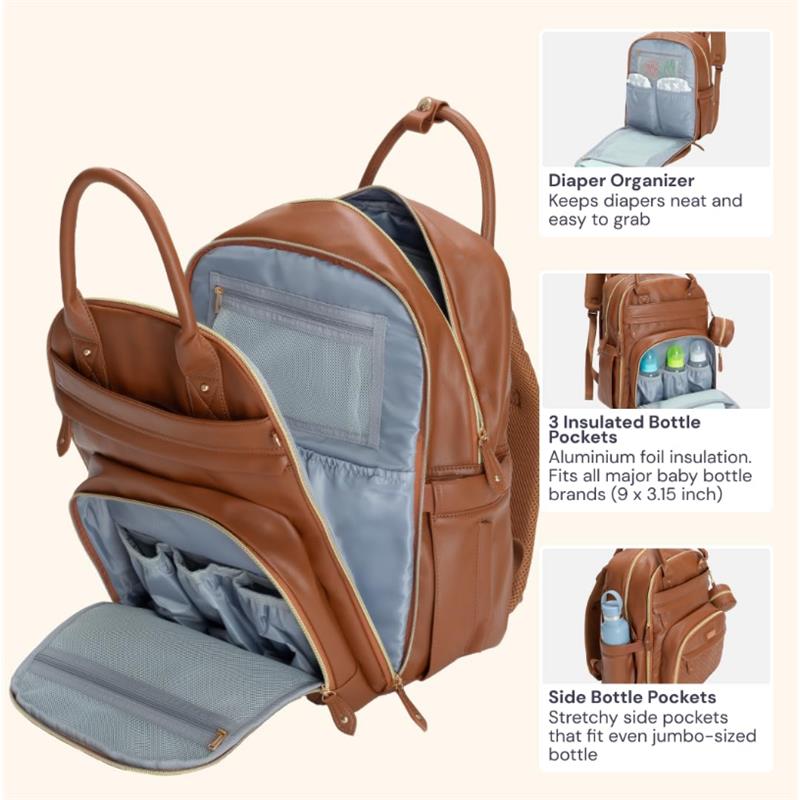 backpack diaper bag vegan leather BabbleRoo: Vegan Leather Diaper Bag Backpack Natural Brown