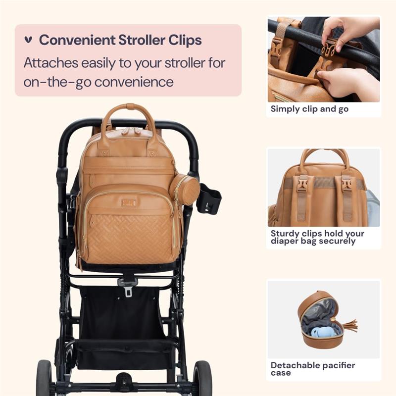 Babbleroo - Original Diaper Bag, Vegan Leather Light Brown Image 3