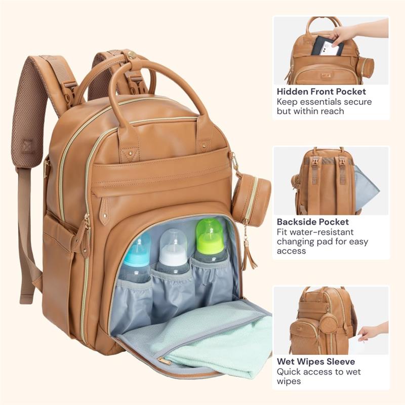 Babbleroo Original Diaper Bag, Vegan Leather Light Brown