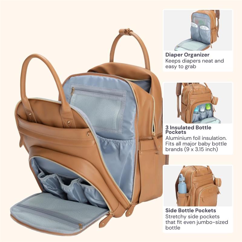 Babbleroo - Original Diaper Bag, Vegan Leather Light Brown Image 5