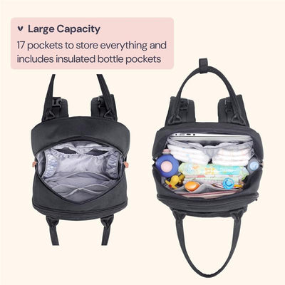 Black BabbleRoo travel baby bag featuring 17 pockets, showing organized baby items like diapers and toys.