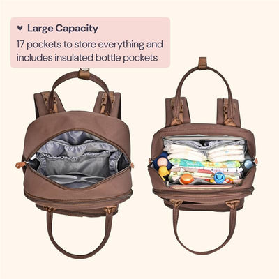 Brown BabbleRoo Travel Essentials Baby Bag with changing pad, featuring 17 pockets, including insulated bottle pockets.