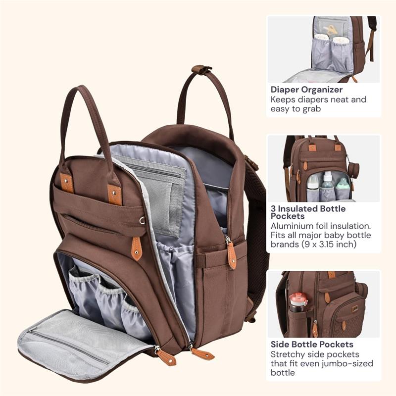 BabbleRoo - Travel Essentials Baby Bag with Changing Pad, Brown Image 3