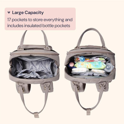 Khaki BabbleRoo Travel Essentials Baby Bag with changing pad, showing spacious interior with 17 pockets and assorted baby items.