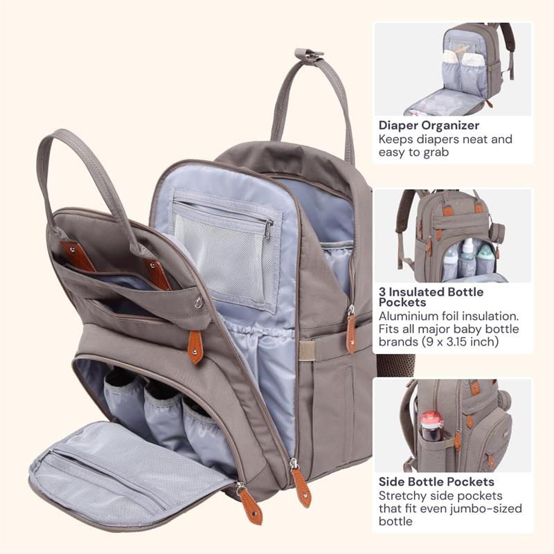 BabbleRoo - Travel Essentials Baby Bag with Changing Pad, Khaki Image 3