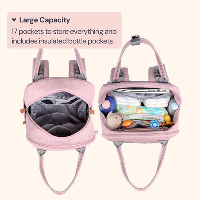 Multi-function waterproof travel tote bag in pink with 17 pockets, showcasing an organized interior with baby items.