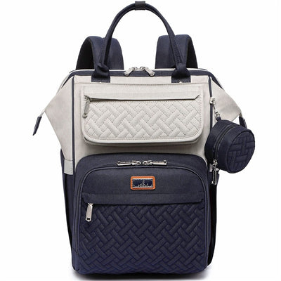 Gray and blue BabbleRoo Wide Top Diaper Bag Backpack with multiple zippered compartments and textured fabric details.