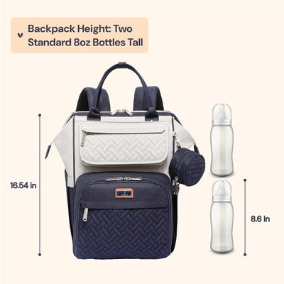 Gray and blue BabbleRoo wide top diaper bag backpack with two baby bottles for size comparison. Dimensions noted.