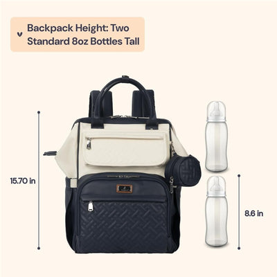 BabbleRoo Wide Top Diaper Bag Backpack in Vegan Leather Blueberry Cream, with dimensions indicating height in relation to two 8oz bottles.