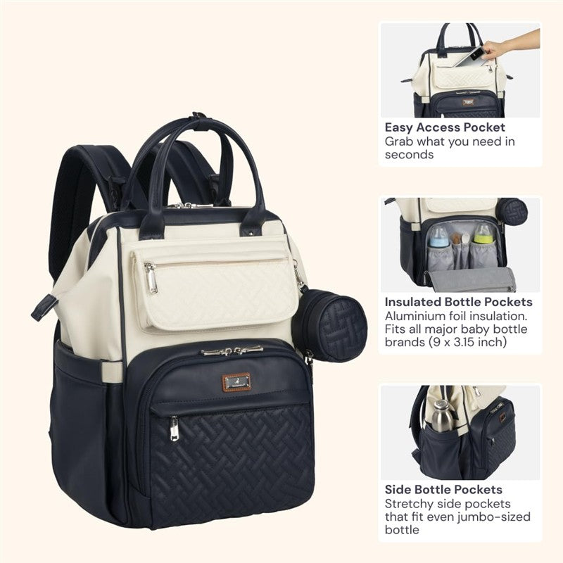 BabbleRoo Wide Top Diaper Bag Backpack - Vegan Leather Blueberry Cream Image 4