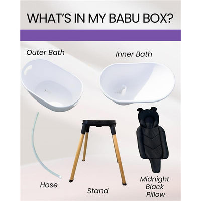 Luxury baby bathtub components: outer bath, inner bath, wooden stand, hose, and midnight black pillow.