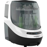 Baby Brezza Bottle Washer Pro, a white appliance that sterilizes and dries baby bottles, featuring a transparent top and control panel.