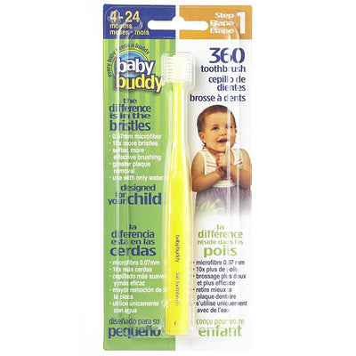 Baby Buddy 360 Toothbrush Step 1 for babies and toddlers, featuring a yellow handle, soft microfiber bristles, and packaging with care instructions.