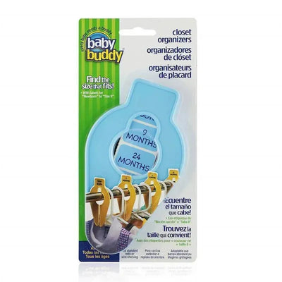 Baby Buddy Size-It Closet Organizers in blue, featuring labels for newborn to size 8, with a rotating display and organizer clips.