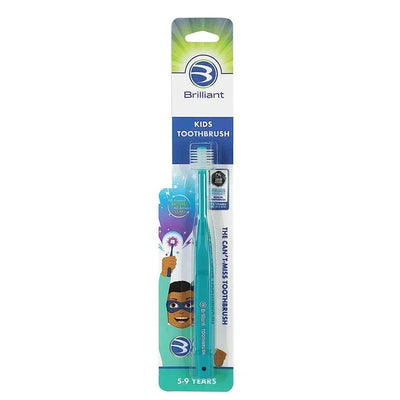 Brilliant Kids Toothbrush in teal, designed for ages 5-9, features a superhero character on the packaging.