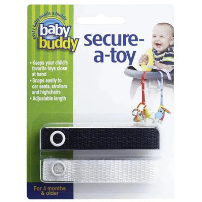 Baby Buddy Secure A Toy Tether in black and white, designed to keep toys accessible for babies.