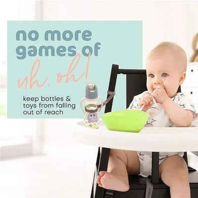 Blue and white Baby Buddy Secure A Toy Tether with baby in high chair, promoting toy and bottle stability.