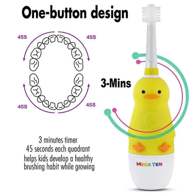 Sonic toothbrush designed as a yellow duck, featuring a 3-minute timer with 45-second intervals for each quadrant.