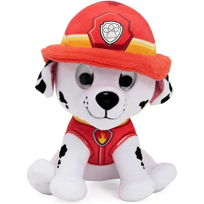 Marshall plush toy from Paw Patrol, featuring a fire hat and vibrant red and white colors.