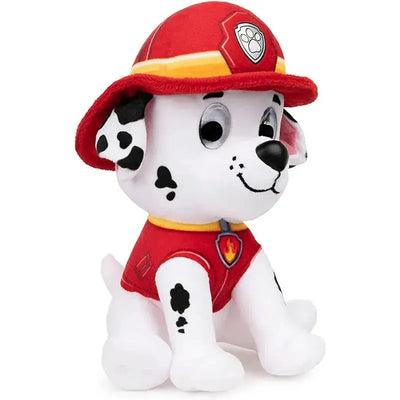 Baby GUND Paw Patrol Marshall plush toy, a seated Dalmatian dressed in red firefighter gear and hat.