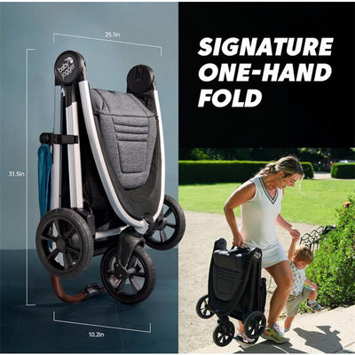 Baby Jogger City Mini GT3 stroller folded for compact storage; dimensions displayed. A woman carries the folded stroller while helping a child walk.