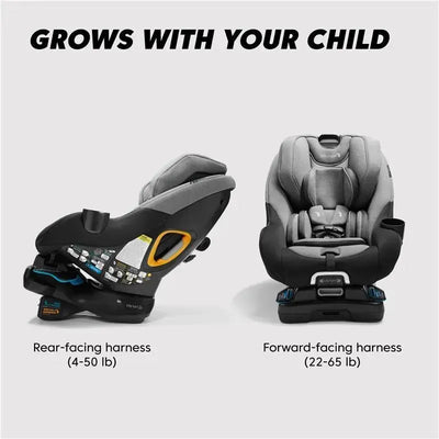 Convertible car seat displaying two configurations: rear-facing for 4-50 lb and forward-facing for 22-65 lb, Onyx Black.