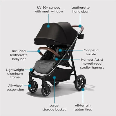 Baby Jogger City Mini Air Stroller in Rich Black with a UV 50+ canopy, leatherette handlebar, and large storage basket.