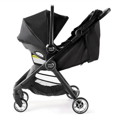 Black Baby Jogger City Tour 2 stroller with an attached car seat adapter, designed for City GO and Graco car seats.