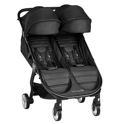 Double stroller in Pitch Black with two seats, adjustable canopies, and harnesses, designed for easy transportation of two children.
