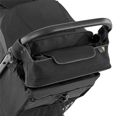 Black Baby Jogger Parent Console attached to a stroller, featuring cup holders and additional storage compartments.