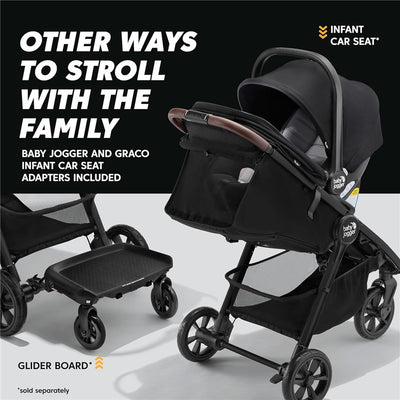 Baby Jogger City Mini GT3 stroller in Rich Black, featuring a sleek design, included car seat adapters, and a glider board.