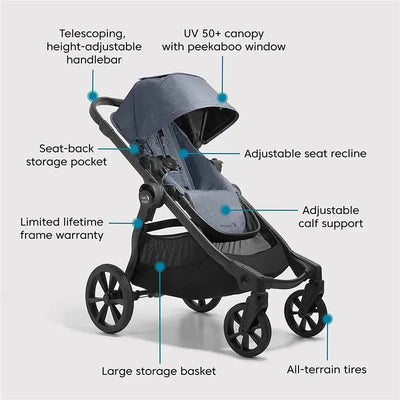 Baby Jogger City Select 2 stroller in Frosted Ivory, featuring adjustable canopy, seat recline, and all-terrain tires.
