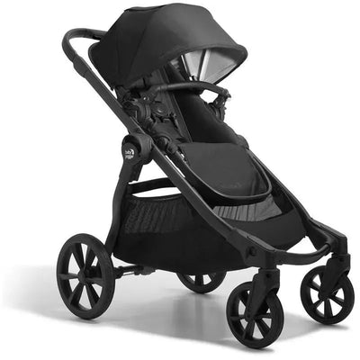 Baby Jogger City Select 2 stroller in Lunar Black features a sleek design, adjustable canopy, and large wheels for easy maneuverability.