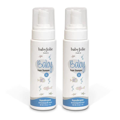 Two bottles of Baby Jolie Foam Shampoo, 7 oz each, labeled hypoallergenic and tear-free with playful fish illustrations.