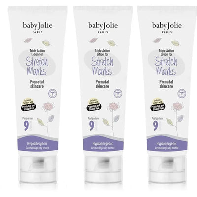 Three tubes of Baby Jolie Triple Action Lotion for Stretch Marks, labeled for prenatal skincare, hyp?allergenic, and formulated with Provitamin and Stimuli Hyal.