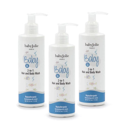 Baby Jolie 2-in-1 Hair and Body Wash bottles, each 7.5 oz, featuring a pump dispenser and labeled as hypoallergenic.