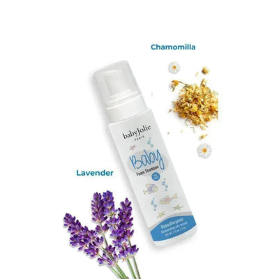Baby Jolie Foam Shampoo bottle with lavender and chamomile flowers, labeled as hypoallergenic for baby care.